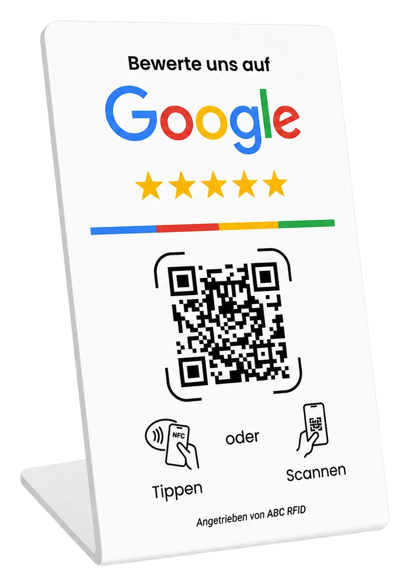 Personalisierter NFC- und QR-Aufsteller SmartReview Stand für Google-Bewertungen